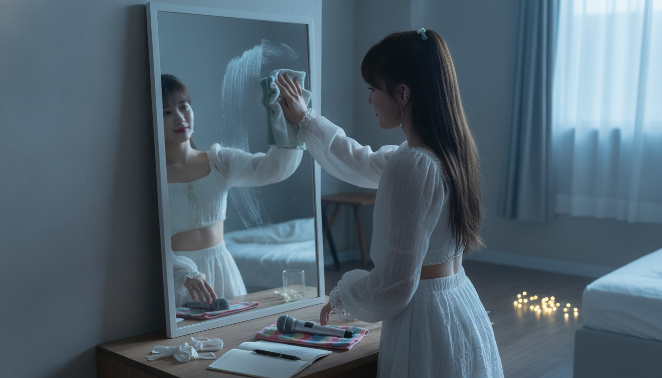 水拭きした鏡に映る私。誰にも見せない朝5時のスイッチ