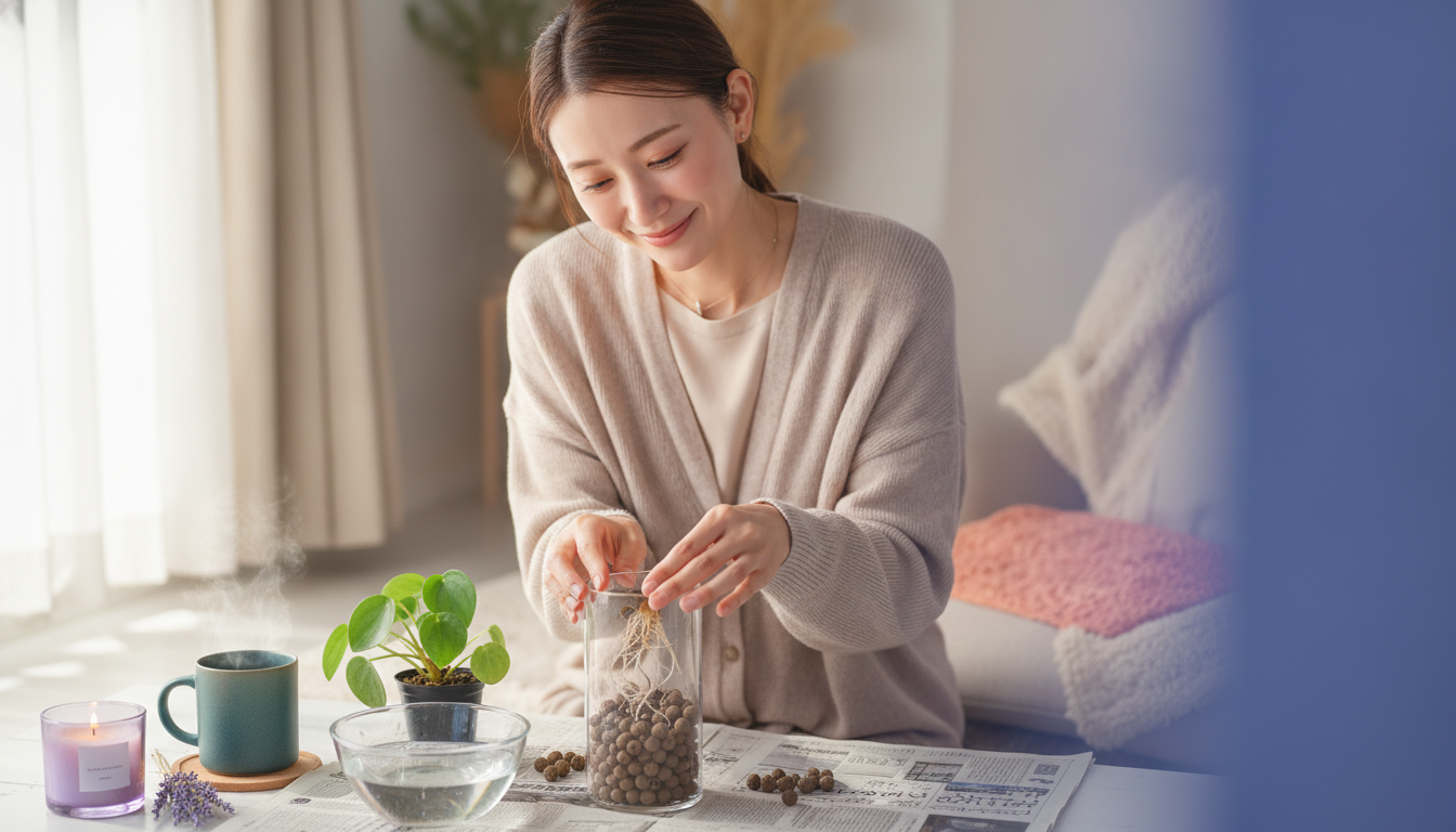土の匂いがしない手元と、透明な器越しに見守る新しい余白
