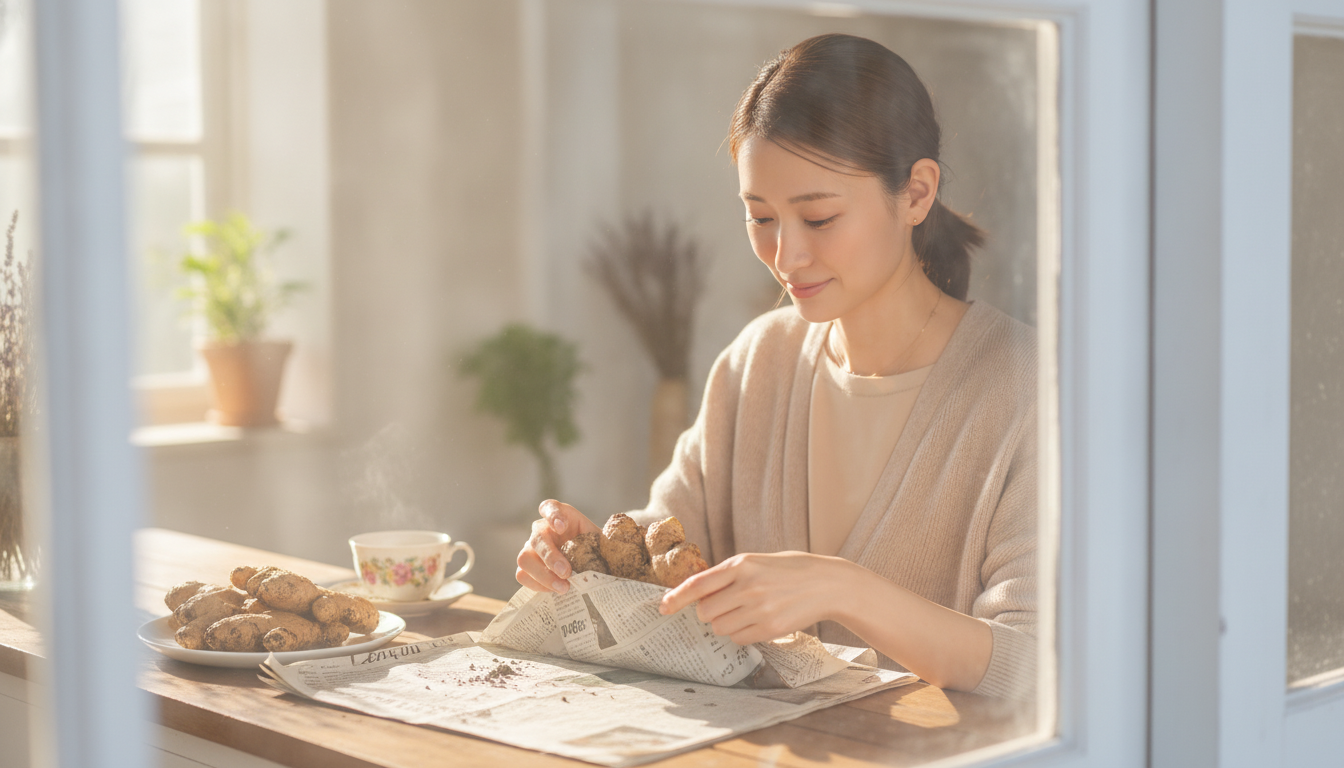泥付きの新生姜を包む午後と、静かな暗がりの優しさ