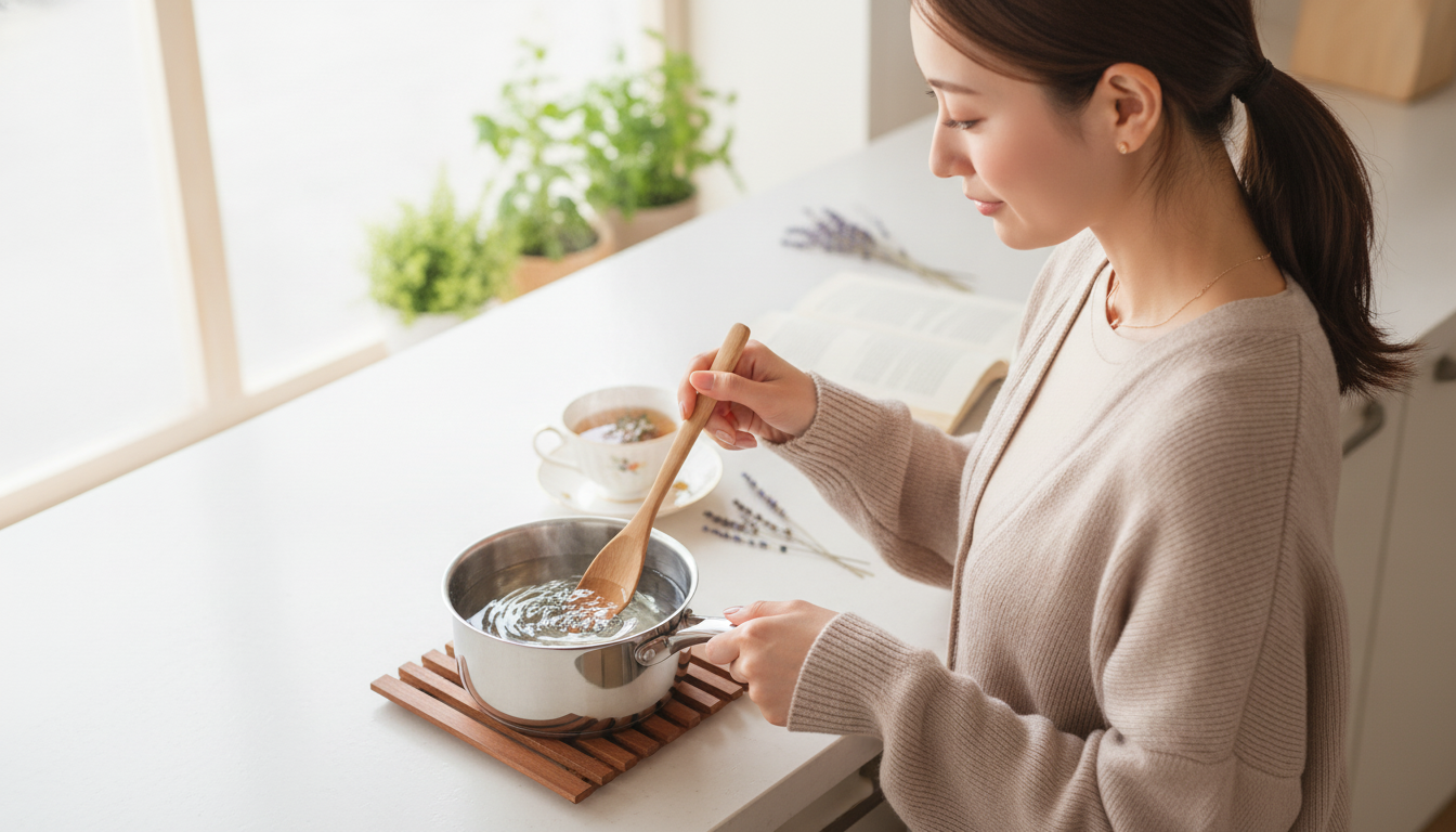 鍋の縁で揺れる透明な寒天液と、形を成すまでの緩やかな時間