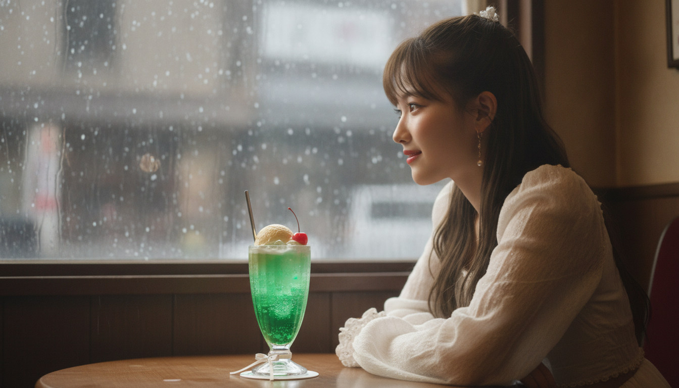 突然の通り雨と、レトロなグラスの中で弾ける緑色のワクワク