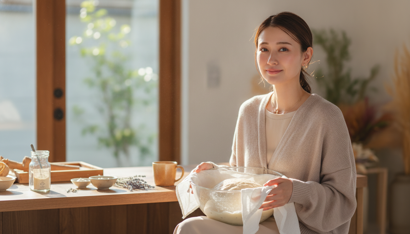 ボウルの底で膨らみを待つ丸い生地と、途中のままを味わう朝