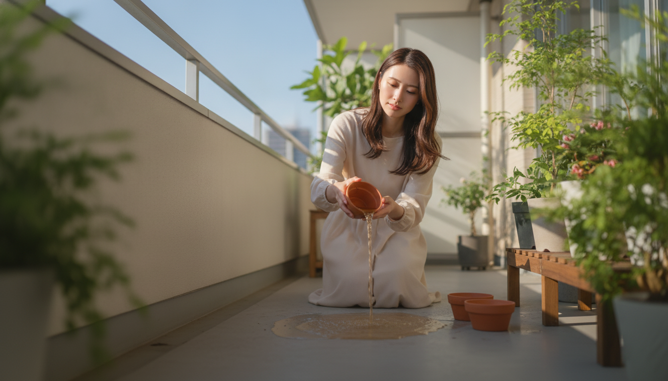 鉢植えの受け皿に残る濁り水。見えない場所を乾かす朝の静かな引き算