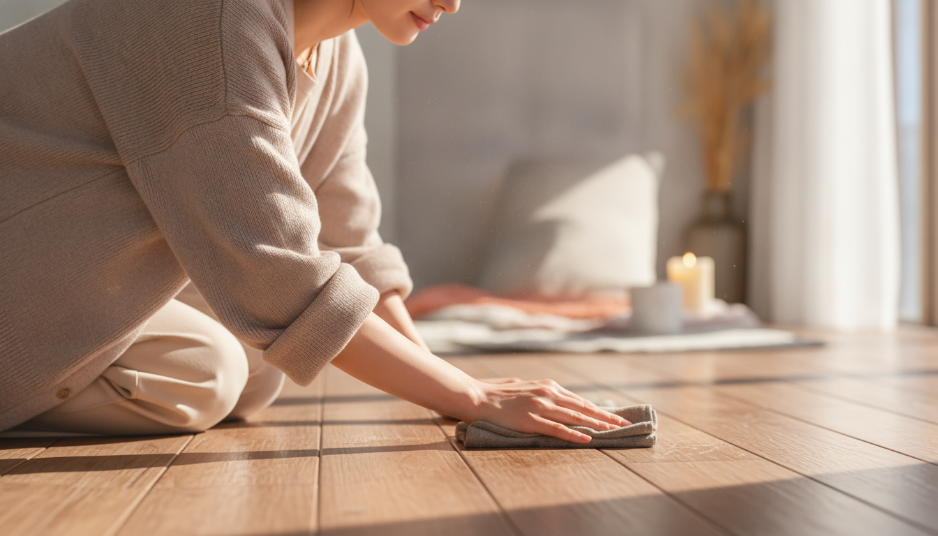 木目に沿って絞り布を滑らせる朝と、足元に眠る小さな傷の記憶