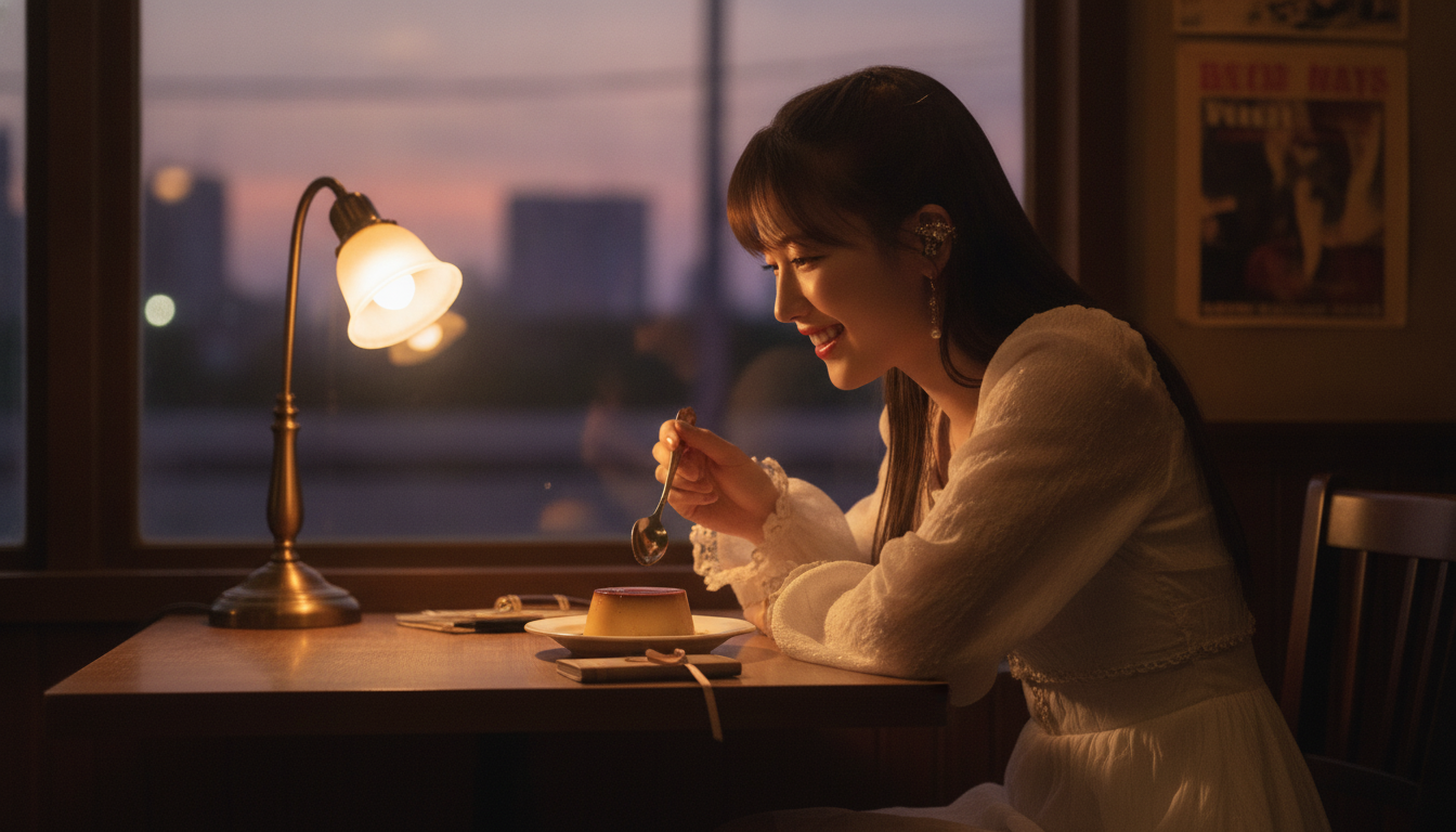 銀色のスプーンと硬めのプリン。甘い層を崩していく夕暮れ時のステップ