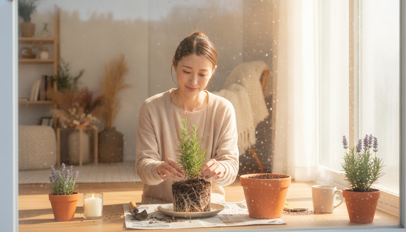 鉢の形に固まった根をほぐす朝と、新しい土の匂い