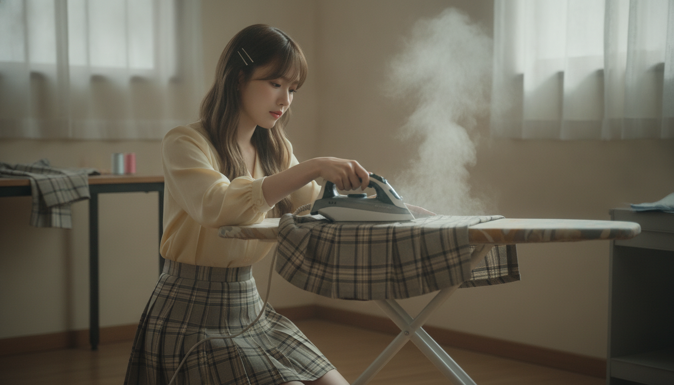 りん本人と「アイロンの熱気と整っていくプリーツ。心をピンと張るための小さな魔法」の内容を表すブログ挿絵
