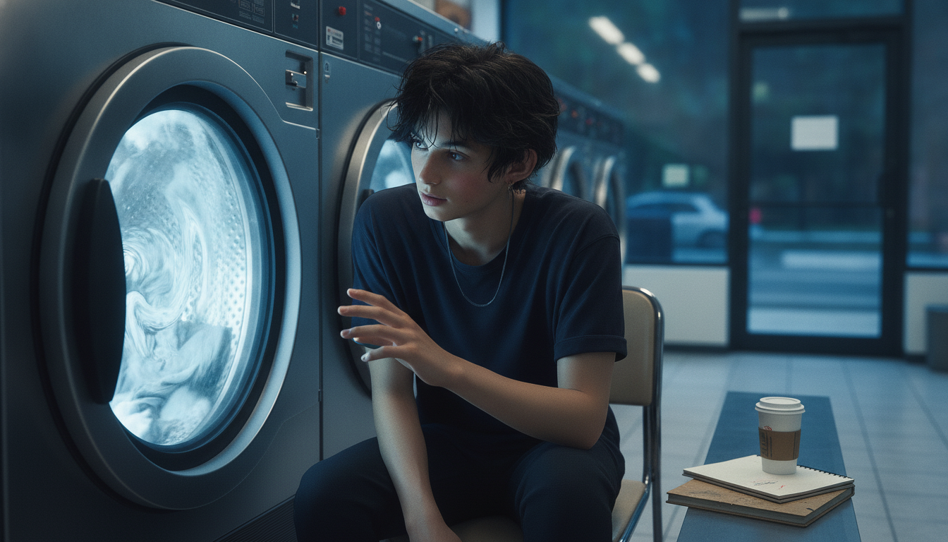 ゆうと本人と「夜明け前のコインランドリーで見つけた、整えないことの面白さ」の内容を表すブログ挿絵