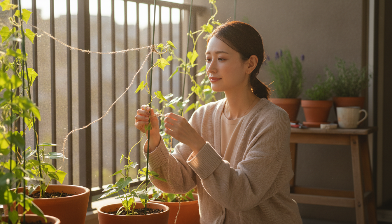 花本人と「朝顔のつるを待つ麻紐の手触りと、風の通り道を残す朝」の内容を表すブログ挿絵