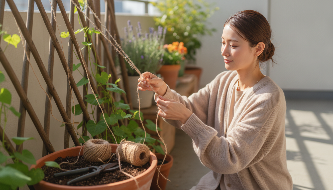 花本人と「朝顔のつるを待つ麻紐の手触りと、風の通り道を残す朝」の内容を表すブログ挿絵