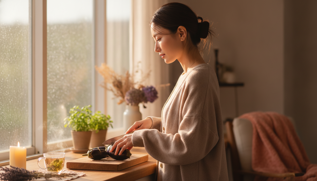 花本人と「茄子の皮に沈む刃先と、強張った笑い声の奥を思う夕暮れ」の内容を表すブログ挿絵