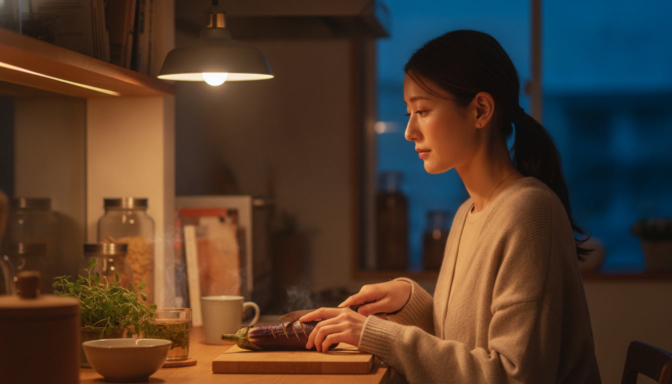 花本人と「茄子の皮に沈む刃先と、強張った笑い声の奥を思う夕暮れ」の内容を表すブログ挿絵