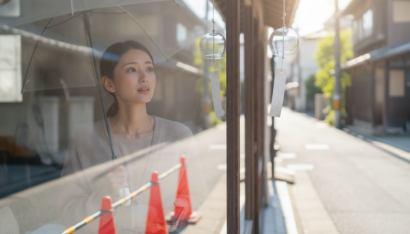 花本人と「見慣れない赤いコーンと、遠回りの先で見つけた風鈴の音」の内容を表すブログ挿絵
