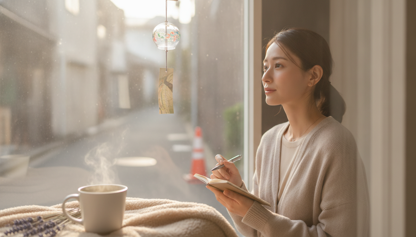 花本人と「見慣れない赤いコーンと、遠回りの先で見つけた風鈴の音」の内容を表すブログ挿絵