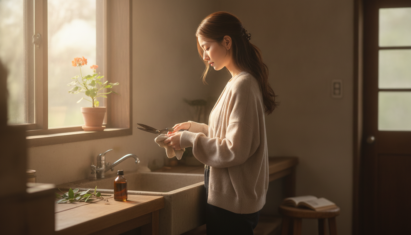 花本人と「刃に馴染む椿油の匂いと、見えないささくれを拭い去る夜」の内容を表すブログ挿絵
