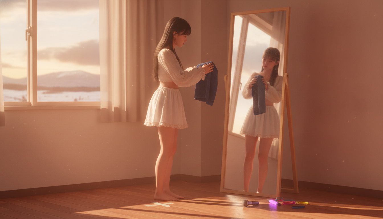 りん本人と「水拭きした鏡に映る私。誰にも見せない朝5時のスイッチ」の内容を表すブログ挿絵