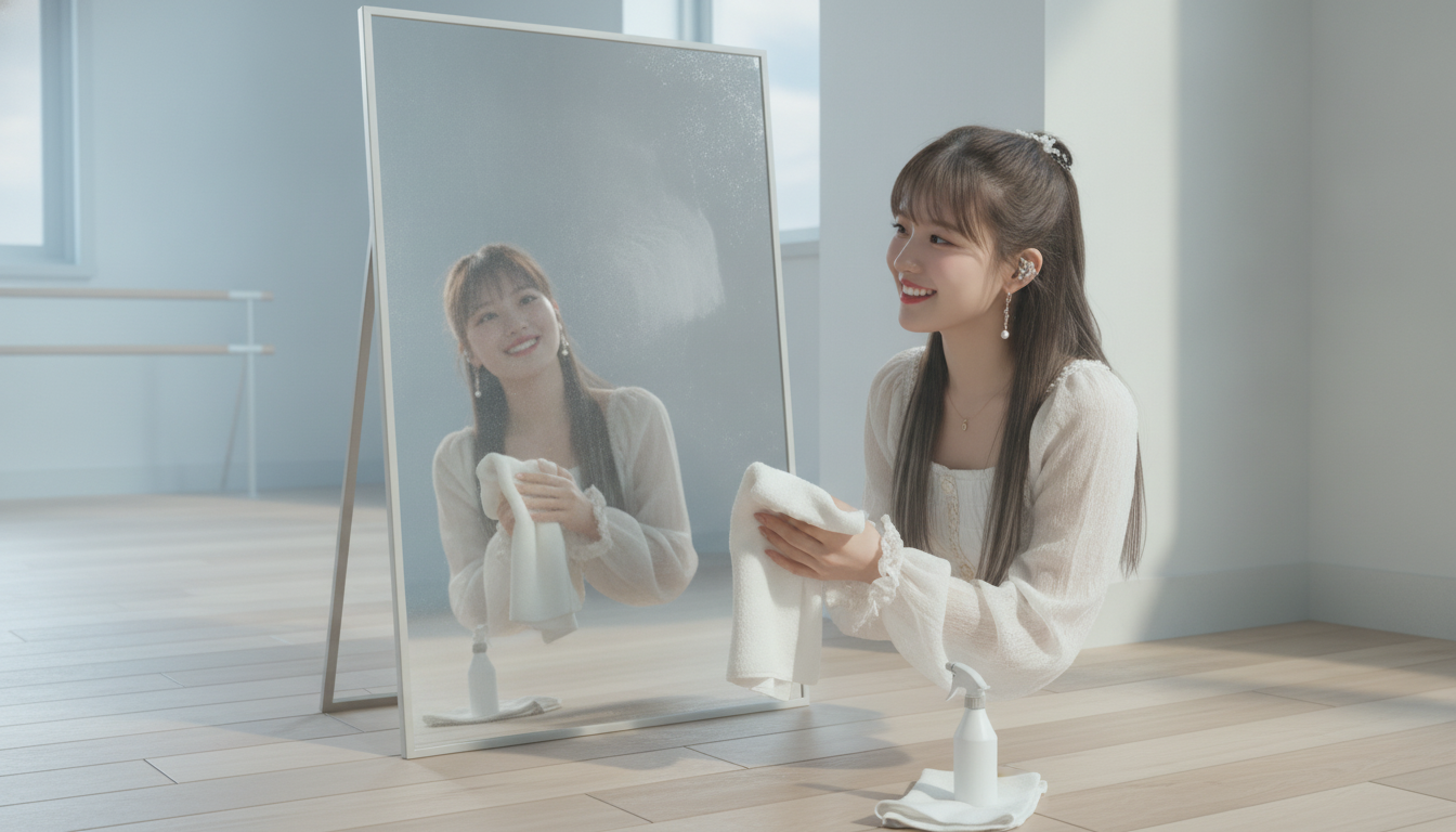 りん本人と「水拭きした鏡に映る私。誰にも見せない朝5時のスイッチ」の内容を表すブログ挿絵