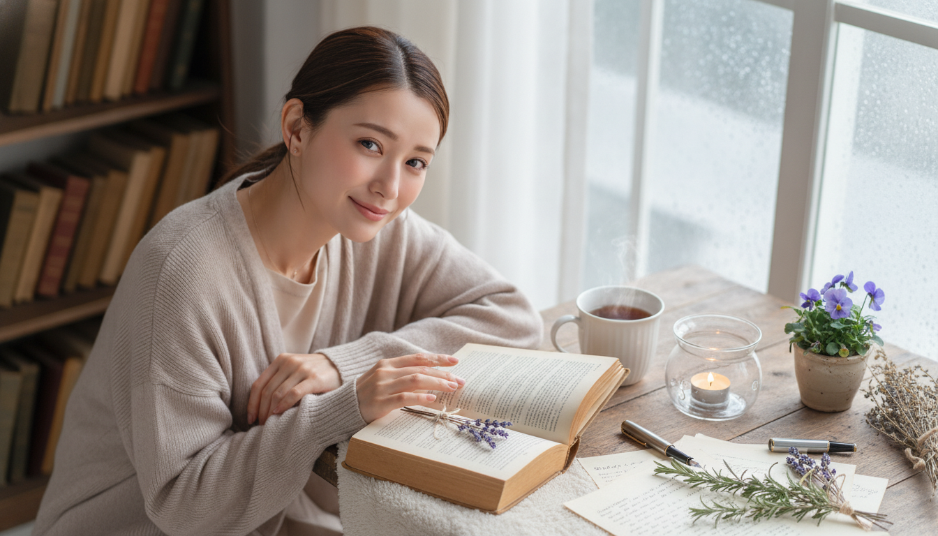 花本人と「栞を挟む場所の変化と、行間に見つけた不器用な優しさ」の内容を表すブログ挿絵