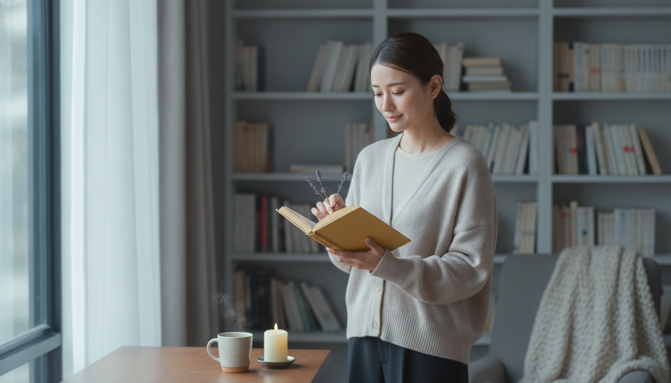 花本人と「栞を挟む場所の変化と、行間に見つけた不器用な優しさ」の内容を表すブログ挿絵