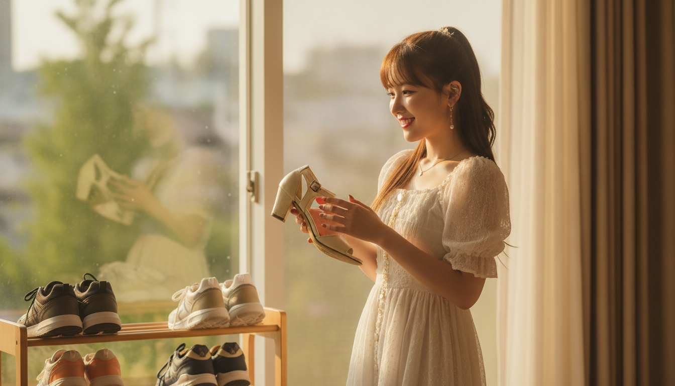 りん本人と「少し高めのヒールと、背伸びして見た景色。靴箱の奥で見つけたタイムカプセル」の内容を表すブログ挿絵