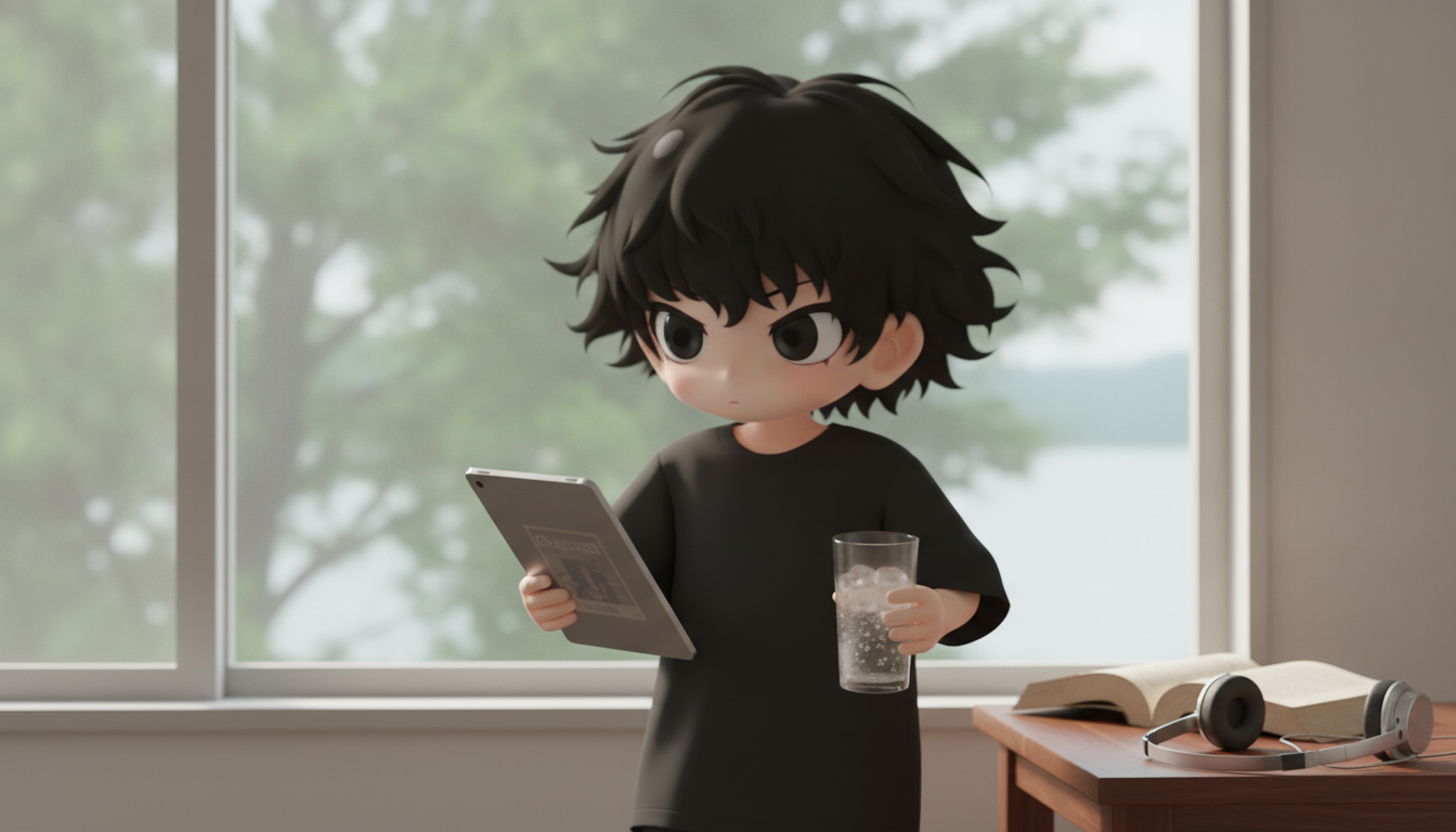 しょーた本人と「古いSF小説の余白と、日常に溶け込む未来の輪郭」の内容を表すブログ挿絵