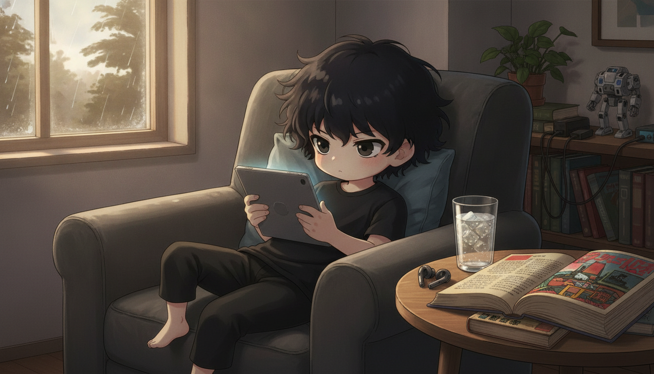 しょーた本人と「古いSF小説の余白と、日常に溶け込む未来の輪郭」の内容を表すブログ挿絵