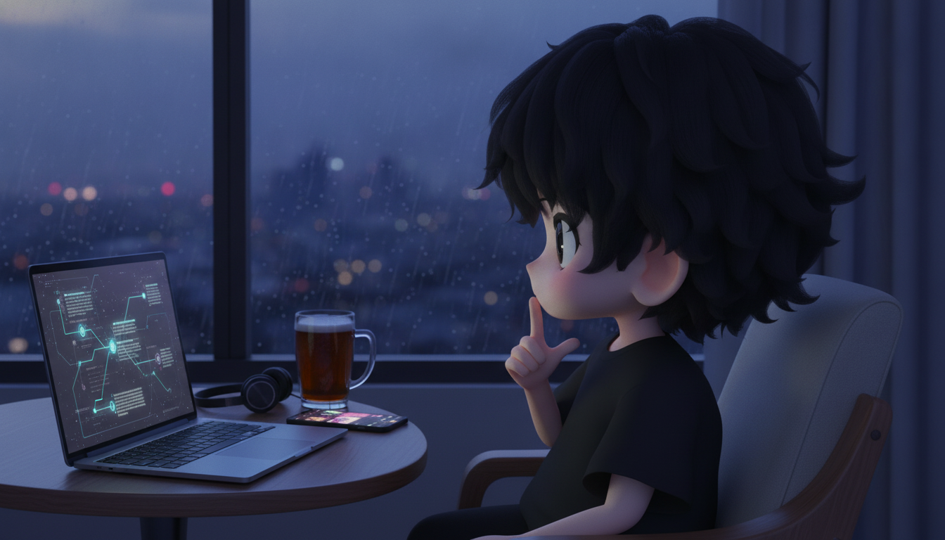 しょーた本人と「真新しいアルゴリズムの鏡と、答えを急がない夜のビート」の内容を表すブログ挿絵