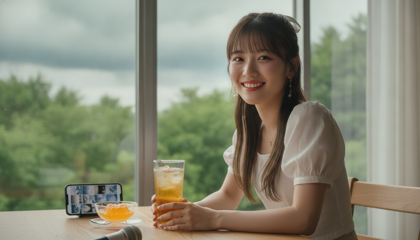 りん本人と「まとわりつく夏の空気と、グラスの氷。それぞれの空模様を持ち寄る朝」の内容を表すブログ挿絵