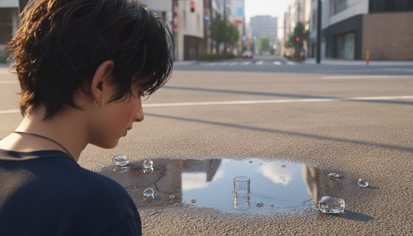 ゆうと本人と「完璧な青空を描くツールと、僕の記憶に滲むグラスの水滴」の内容を表すブログ挿絵