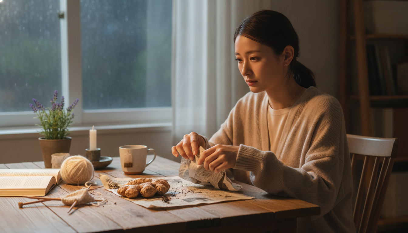 花本人と「泥付きの新生姜を包む午後と、静かな暗がりの優しさ」の内容を表すブログ挿絵