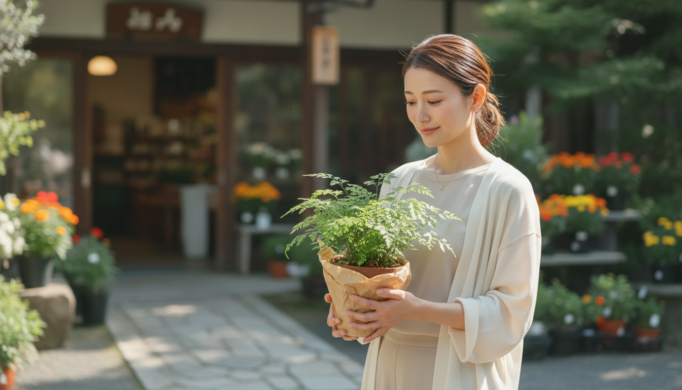 花本人と「鮮やかな花を通り過ぎて、小さな緑のグラデーションに触れる日」の内容を表すブログ挿絵