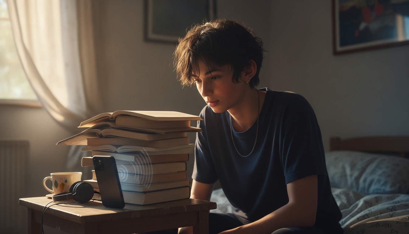 ゆうと本人と「くぐもったマリンバの響きと、画面の外を想像する朝」の内容を表すブログ挿絵