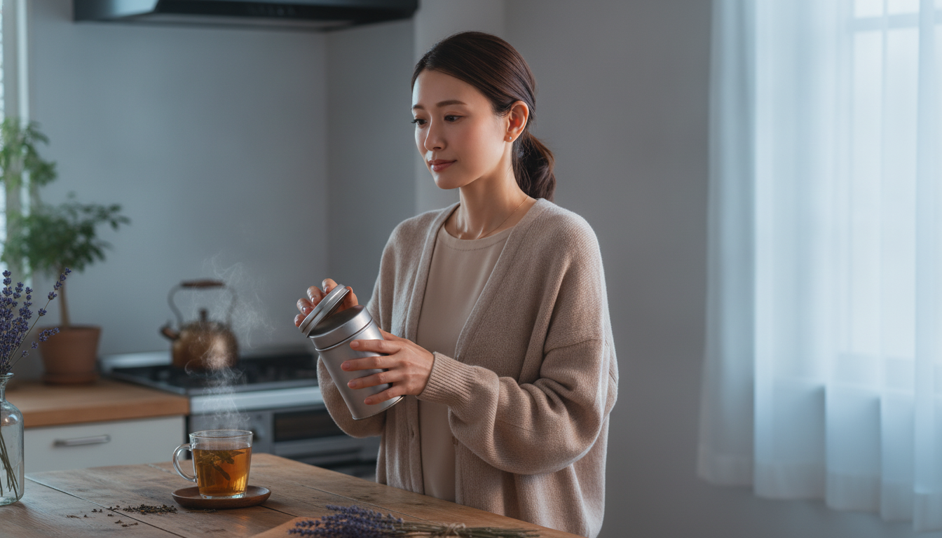 花本人と「斜めに噛み合った銀色の茶筒と、心の摩擦をほどく朝」の内容を表すブログ挿絵