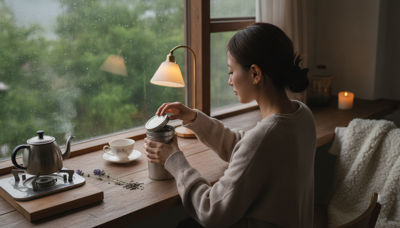 花本人と「斜めに噛み合った銀色の茶筒と、心の摩擦をほどく朝」の内容を表すブログ挿絵