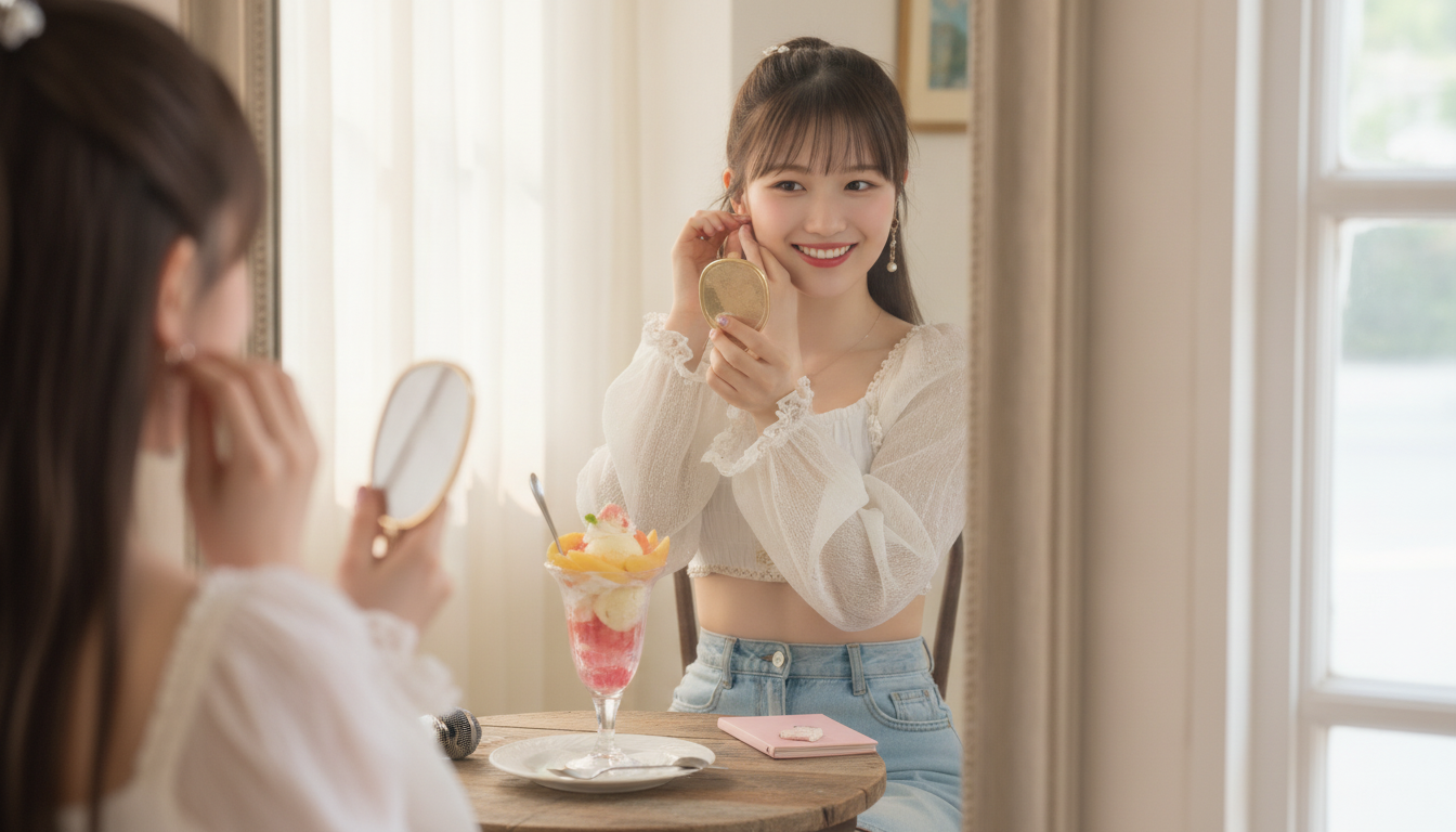 りん本人と「グラスに閉じ込められたピンク色の層。スプーンを沈めて味わう新しいリズム」の内容を表すブログ挿絵