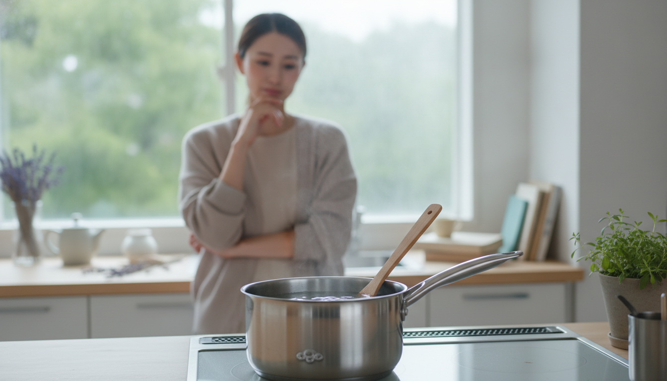 花本人と「鍋の縁で揺れる透明な寒天液と、形を成すまでの緩やかな時間」の内容を表すブログ挿絵