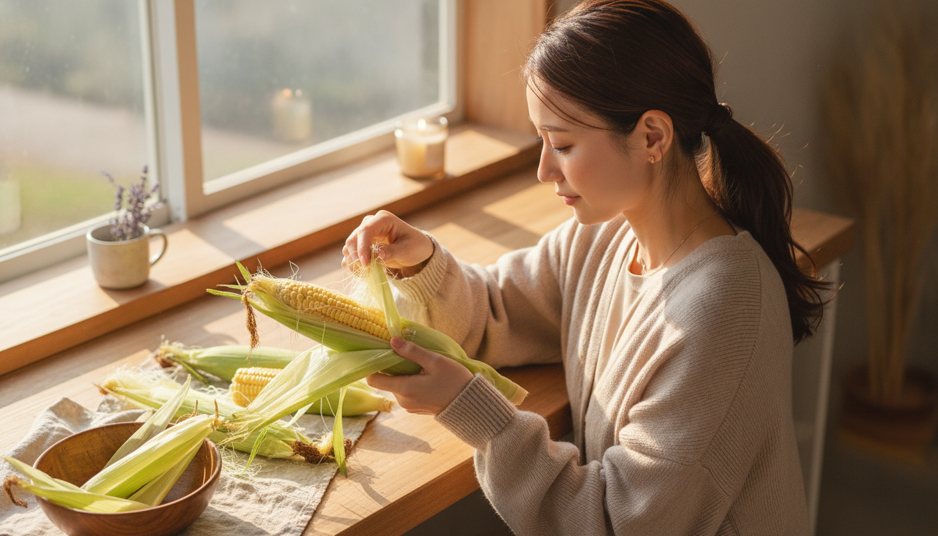 花本人と「青臭いトウモロコシの皮と、画面の奥で迷う言葉の行方を待つ朝」の内容を表すブログ挿絵