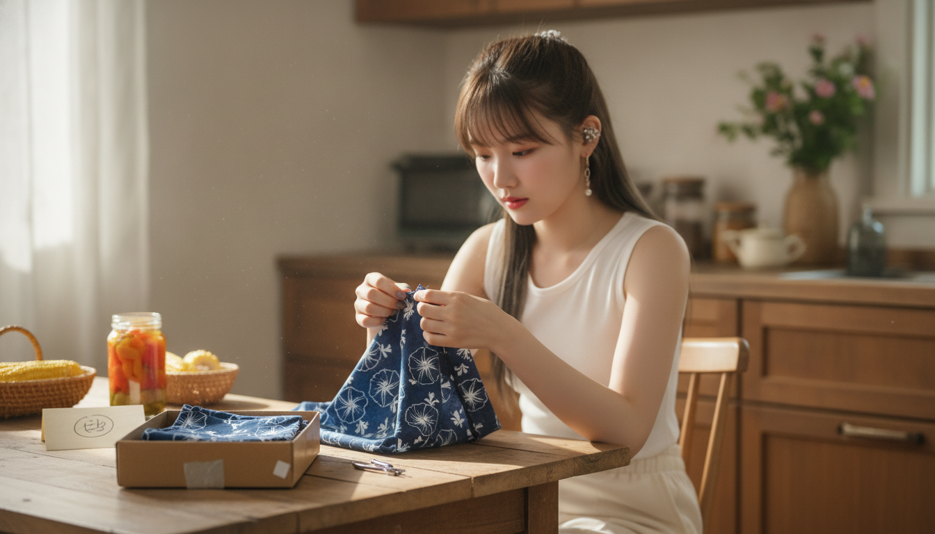 りん本人と「夜更けの部屋に響くプチプチという音。ほどいた糸と明日へ続く布地」の内容を表すブログ挿絵