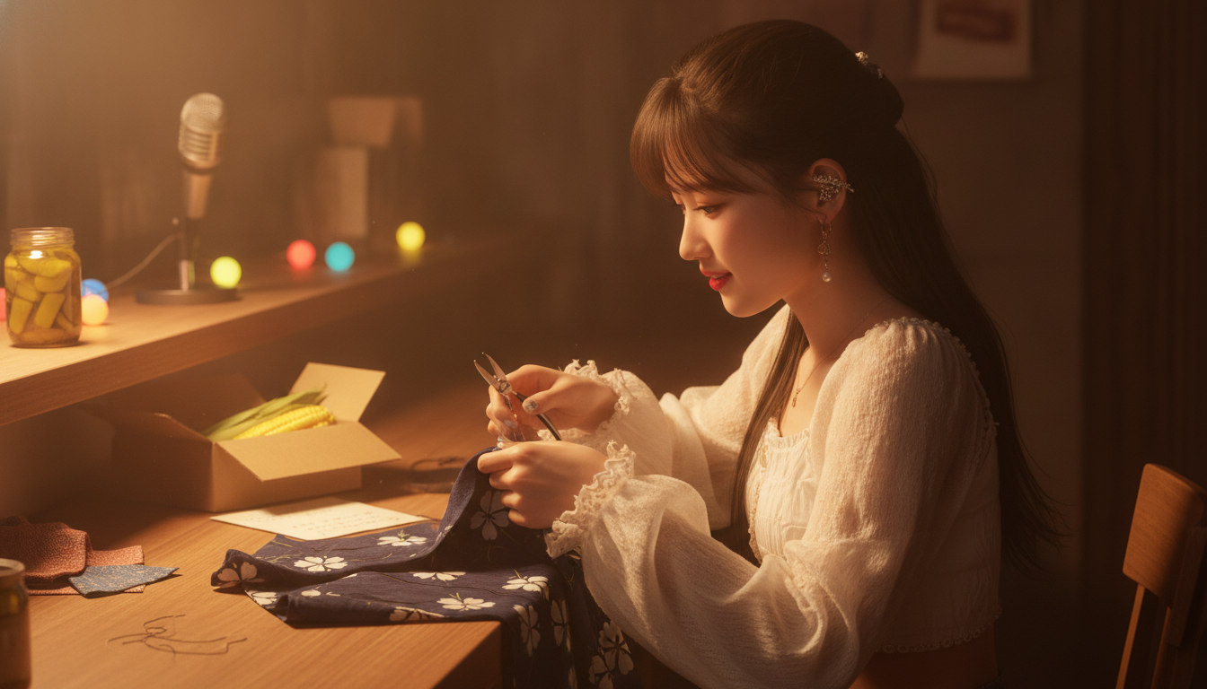 りん本人と「夜更けの部屋に響くプチプチという音。ほどいた糸と明日へ続く布地」の内容を表すブログ挿絵