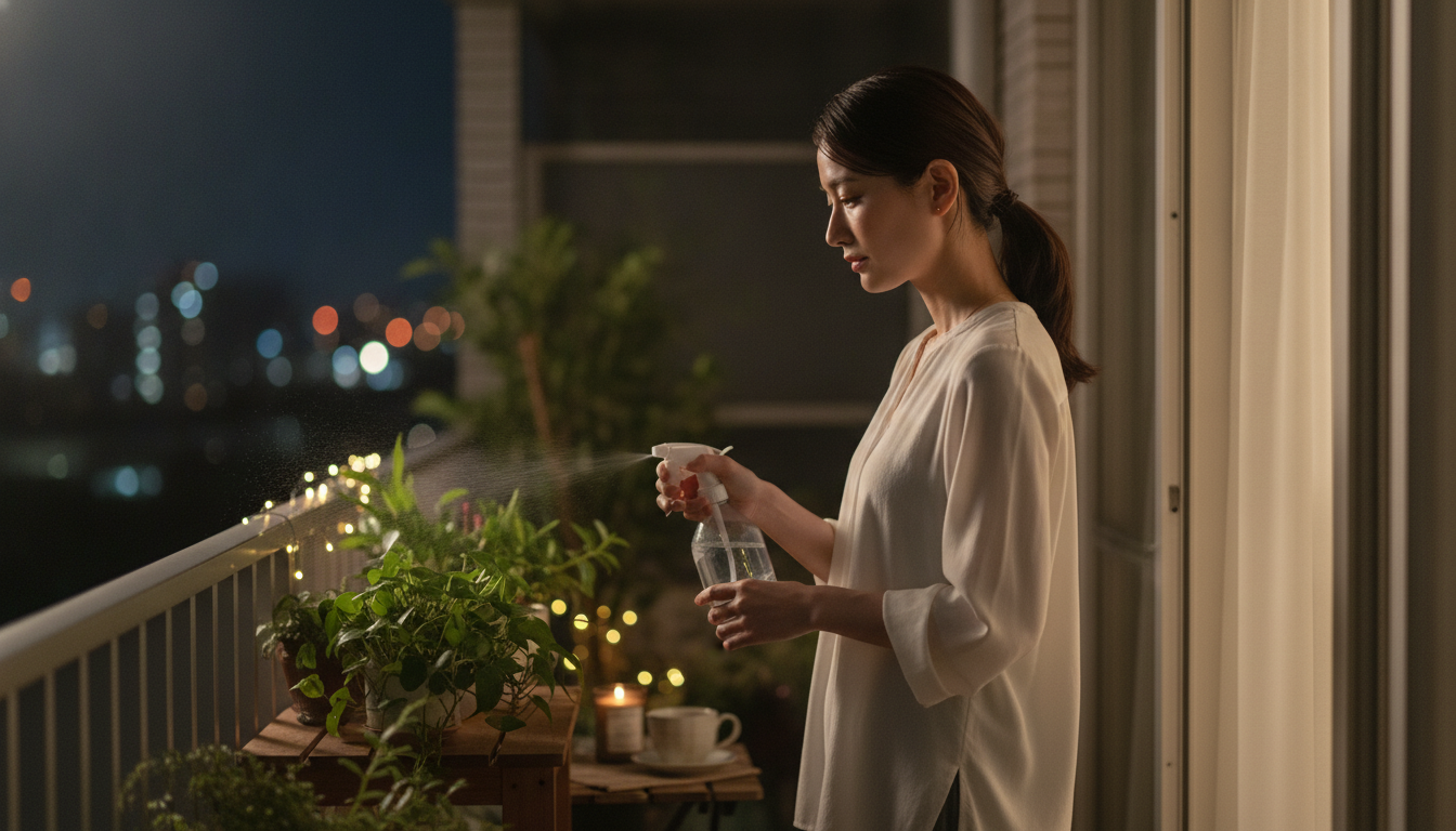 花本人と「夜風に紛れる霧吹きの音と、葉先に宿る微細な潤いの行方」の内容を表すブログ挿絵