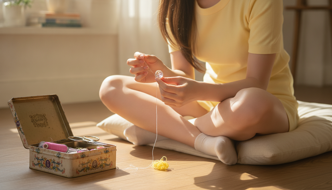 りん本人と「透明なボタンと玉結び。お気に入りのシャツが生まれ変わる午前10時」の内容を表すブログ挿絵