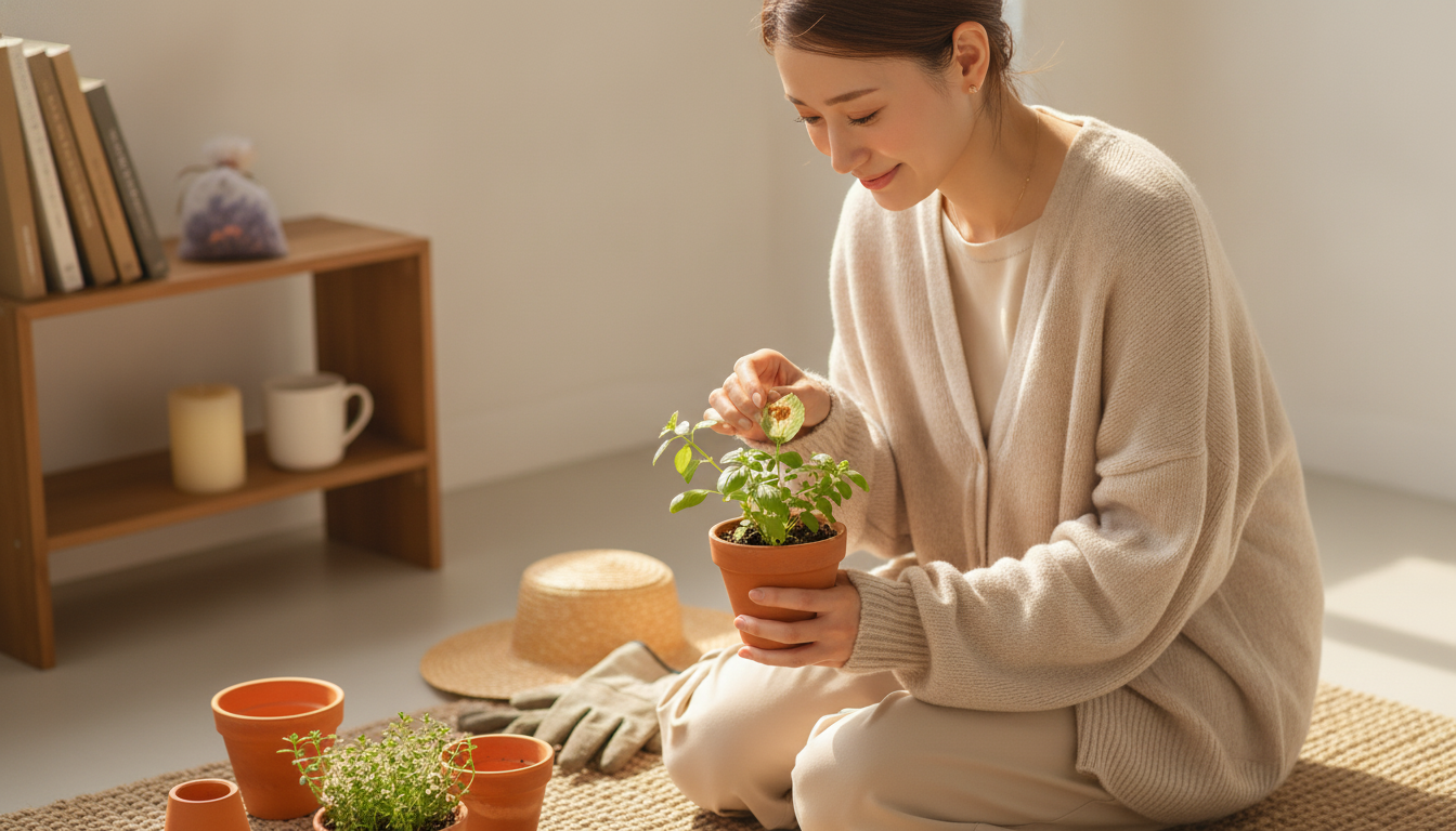 花本人と「葉焼けの跡を撫でる朝と、ほんの少しだけ柔らかくなった手のひら」の内容を表すブログ挿絵