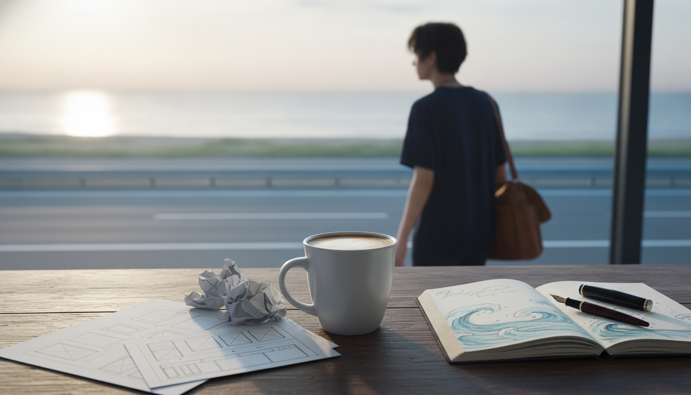ゆうと本人と「朝5時のハイウェイと、完璧なグリッドを外れる海辺の寄り道」の内容を表すブログ挿絵