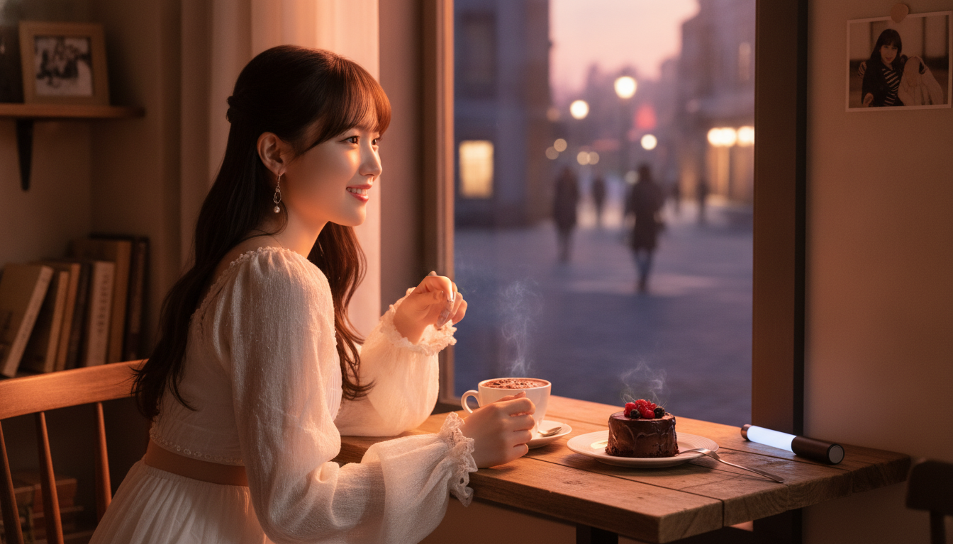 りん本人と「オレンジ色から藍色へ。街のスイッチが切り替わる時間に見つけた私のリズム」の内容を表すブログ挿絵