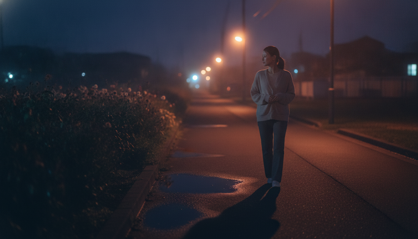 花本人と「夜の暗がりに溶ける花壇と、曖昧さを許すための散歩」の内容を表すブログ挿絵