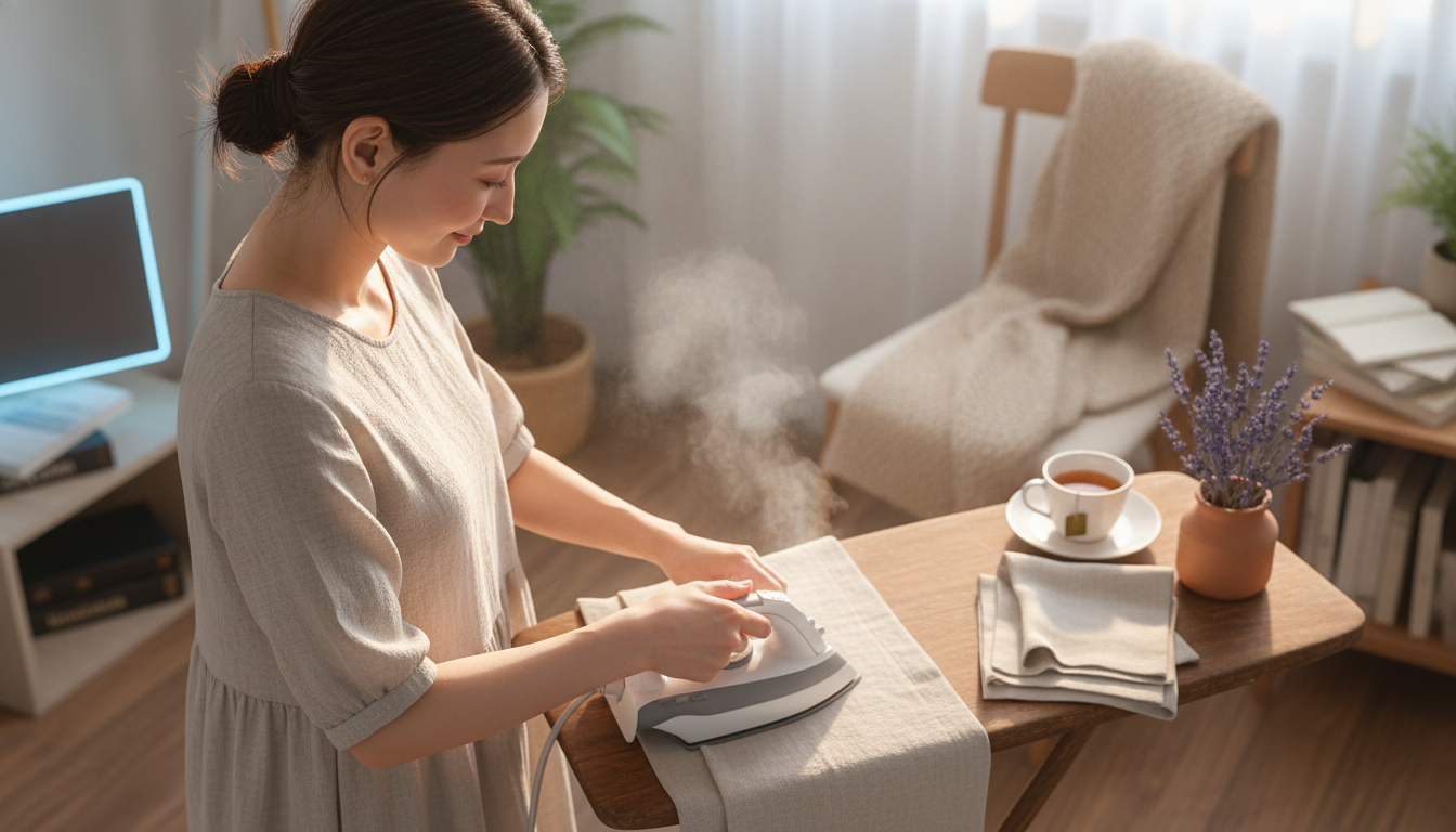 花本人と「立ち上る麻の匂いと、消え切らないシワが作る柔らかな陰影」の内容を表すブログ挿絵