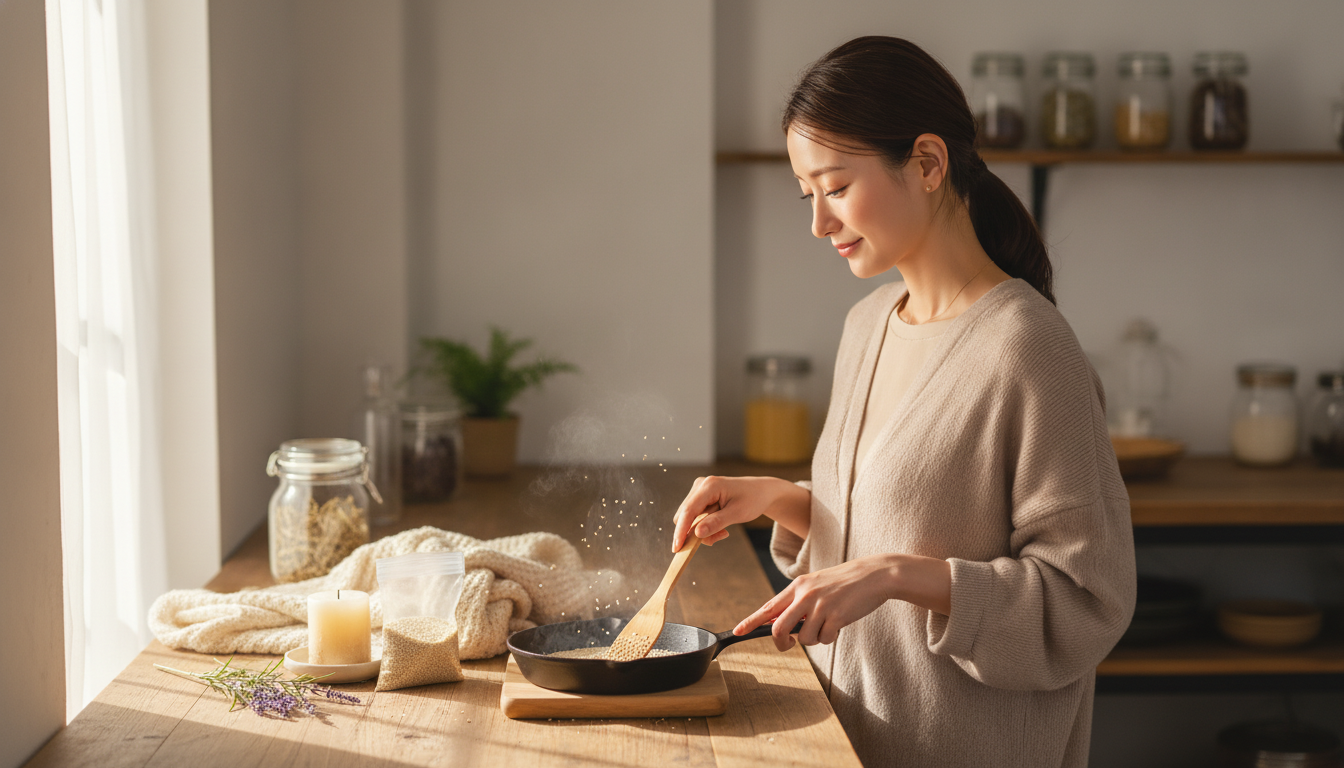 花本人と「フライパンで弾けるごまの音と、言葉にできなかった反応の粗熱」の内容を表すブログ挿絵