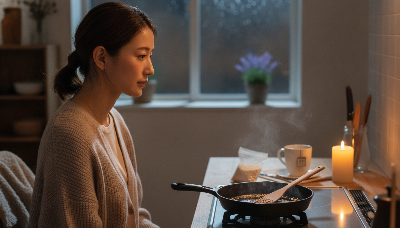 花本人と「フライパンで弾けるごまの音と、言葉にできなかった反応の粗熱」の内容を表すブログ挿絵