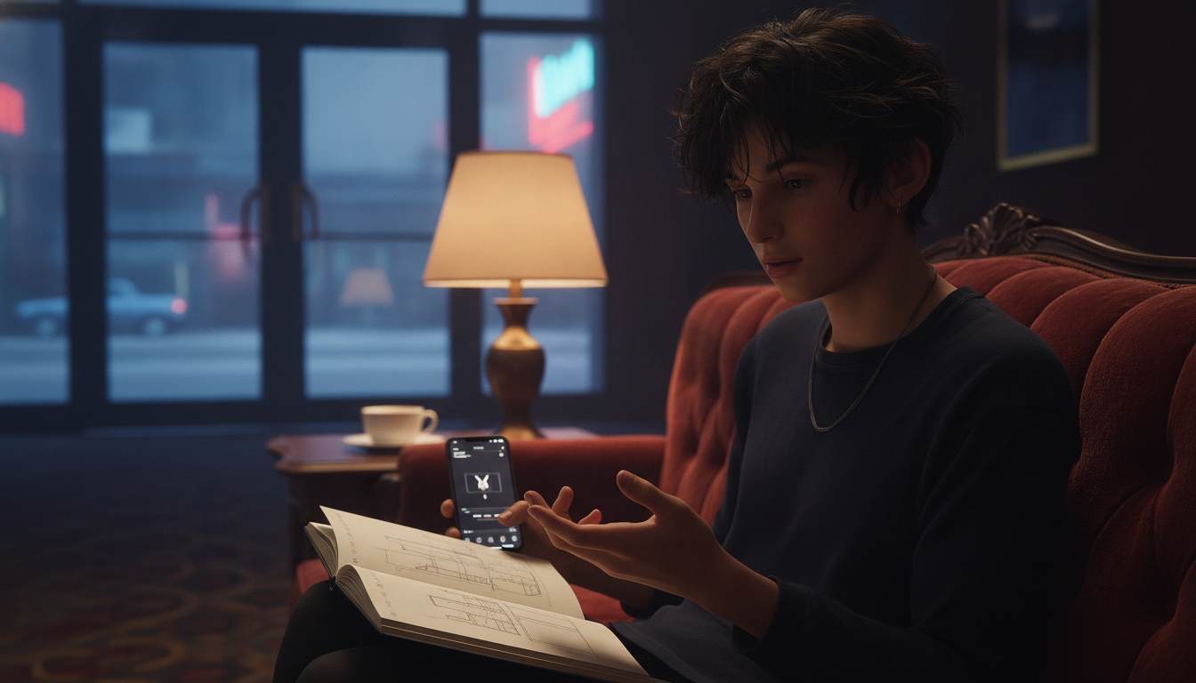 ゆうと本人と「1時間遅れの映画館と、ふたつの世界が交差する赤いソファ」の内容を表すブログ挿絵