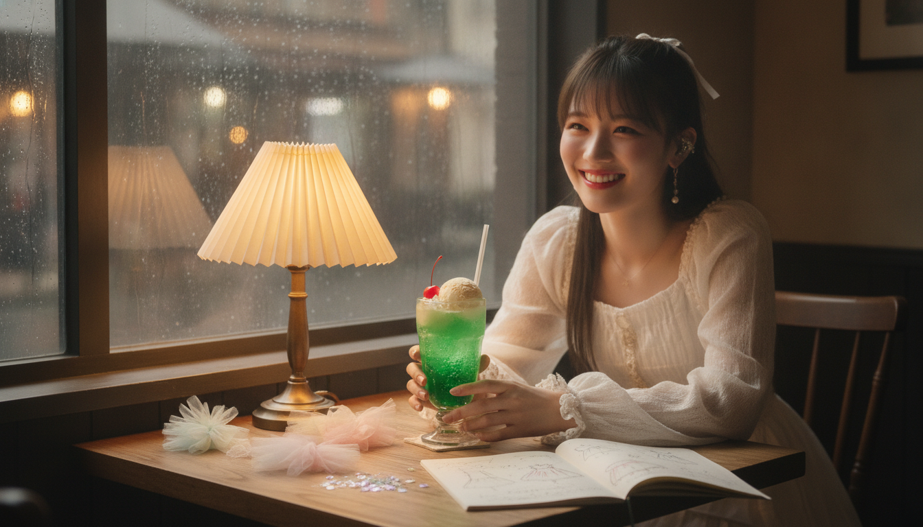 りん本人と「突然の通り雨と、レトロなグラスの中で弾ける緑色のワクワク」の内容を表すブログ挿絵